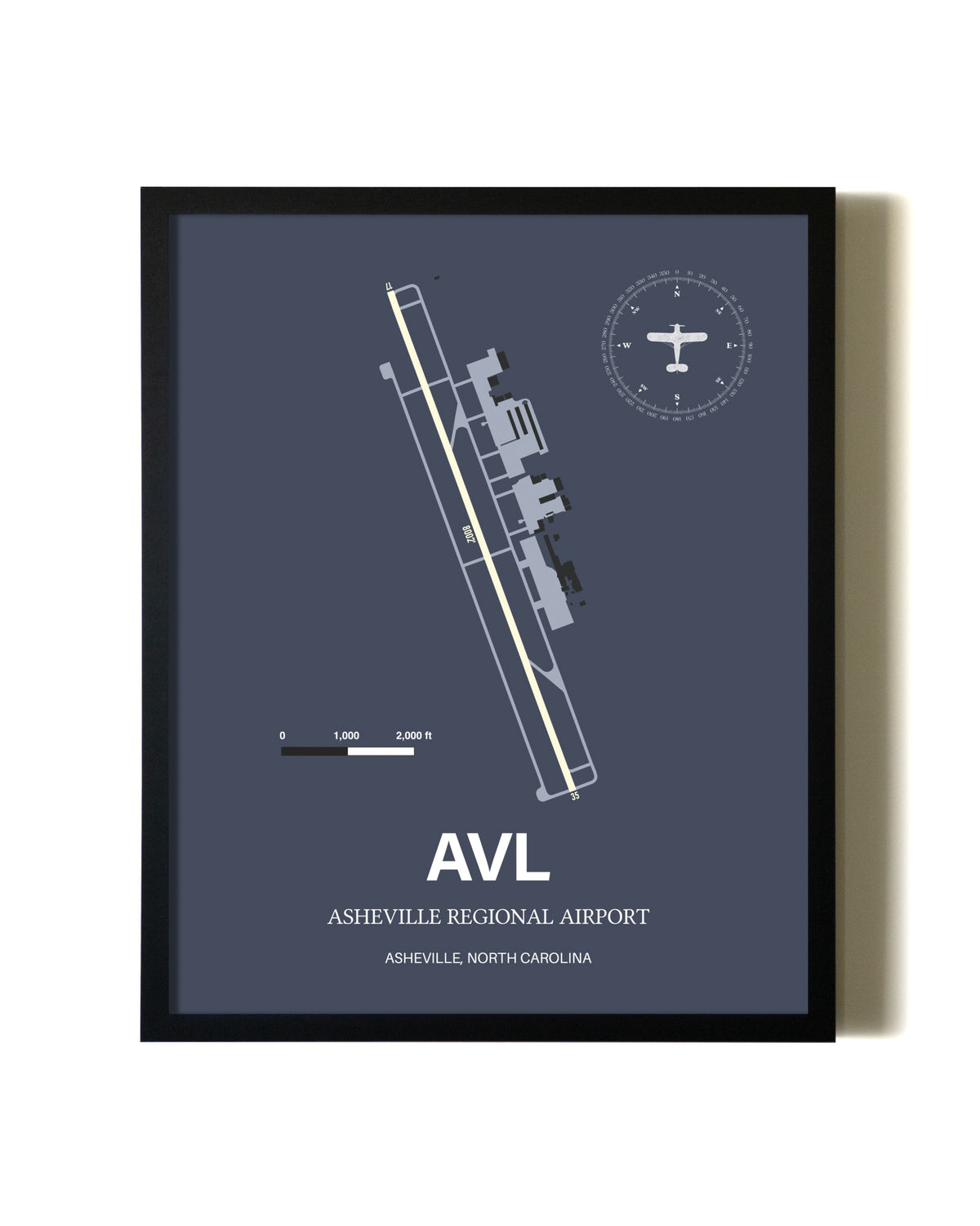 Blue and Cream Framed Asheville Regional Airport layout wall art poster
