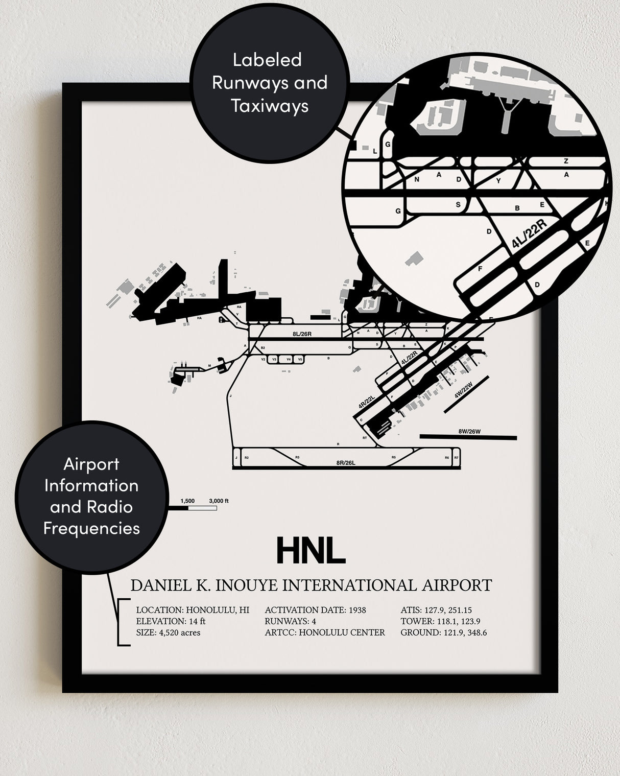 Framed Detailed Airport Map of Daniel K Inouye International Airport (HNL) in White with a Black Frame