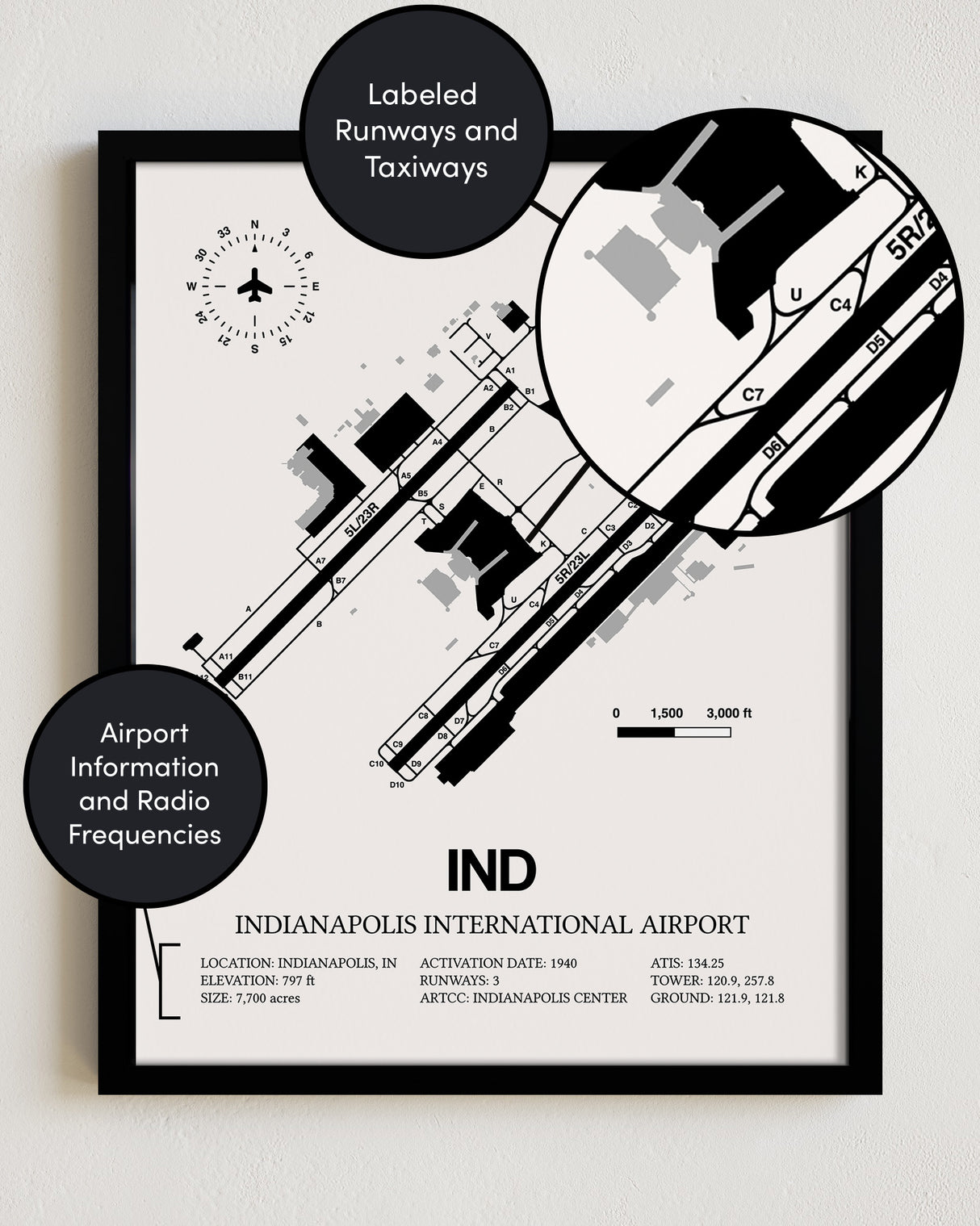 Framed Detailed Airport Map of Indianapolis International Airport (IND) in White with a Black Frame