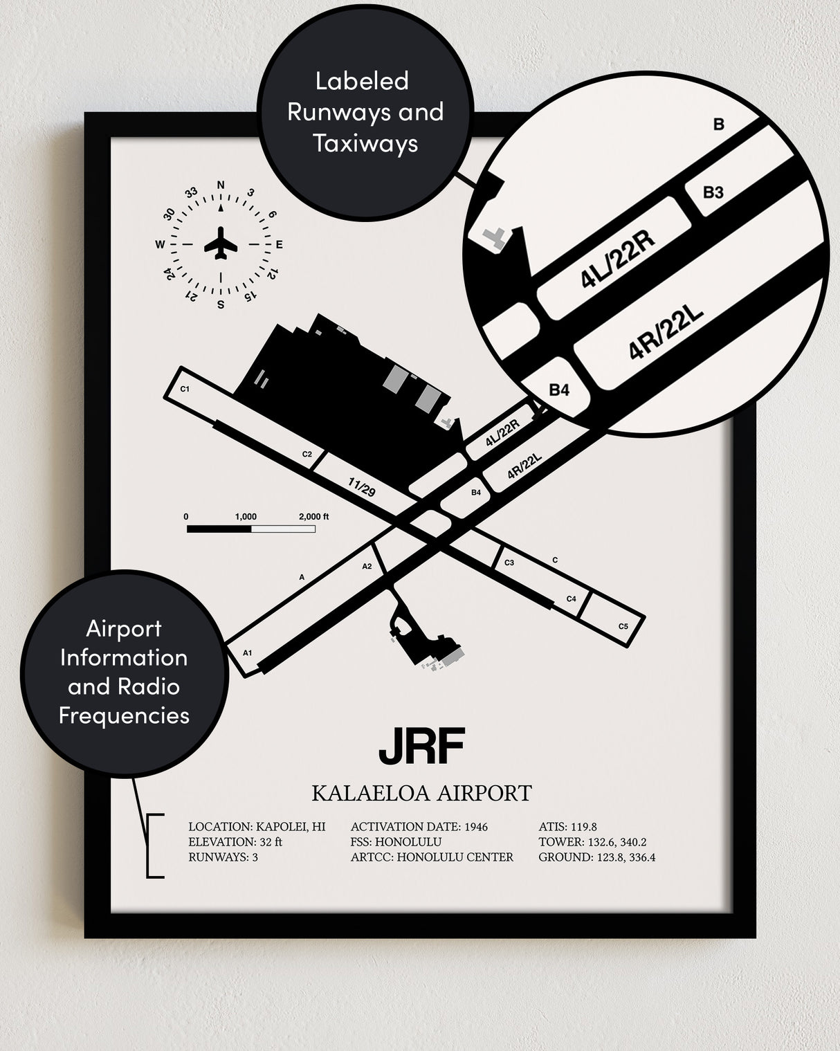 Framed Detailed Airport Map of Kalaeloa Airport (John Rodgers Field) (JRF) in White with a Black Frame