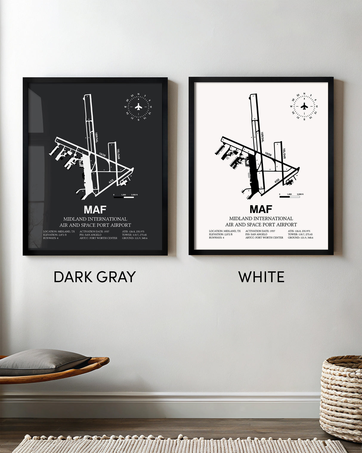 Framed Detailed Airport Map of Midland International Air and Space Port (MAF) in White and Gray