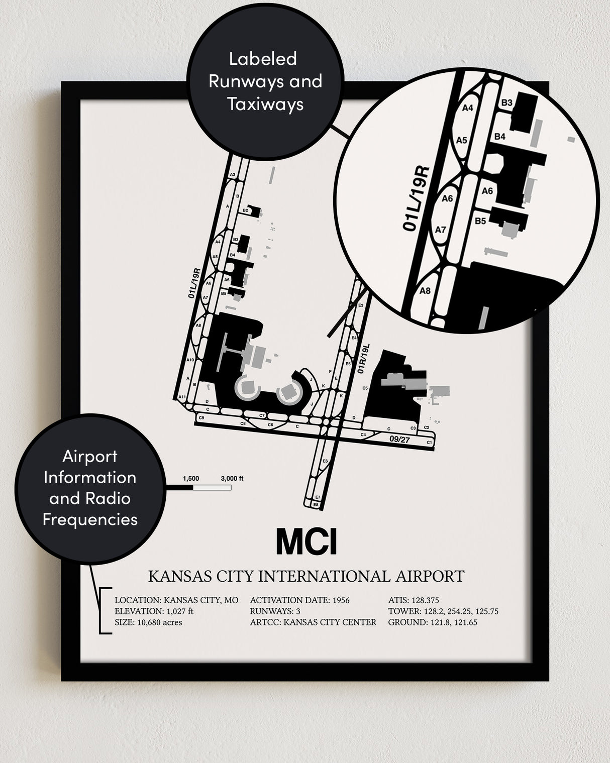 Framed Detailed Airport Map of Kansas City International Airport (MCI) in White with a Black Frame
