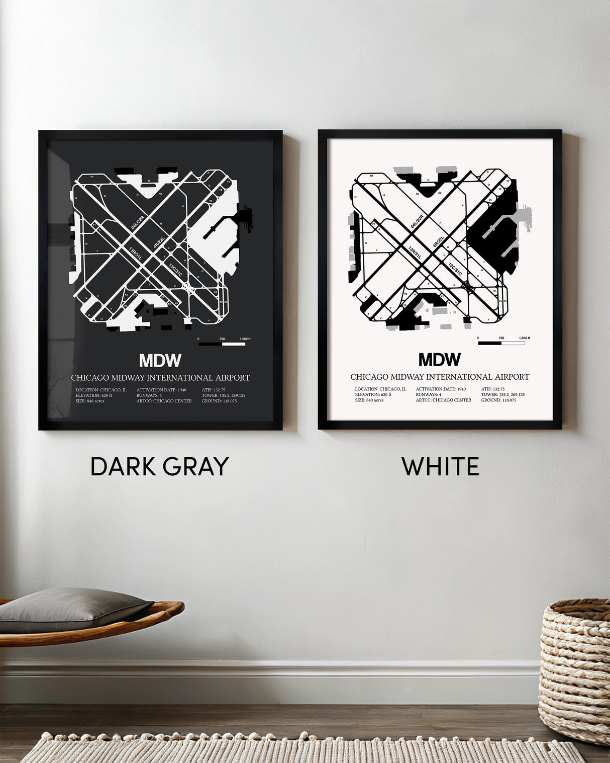 Framed Detailed Airport Map of Chicago Midway International Airport (MDW) in White and Gray