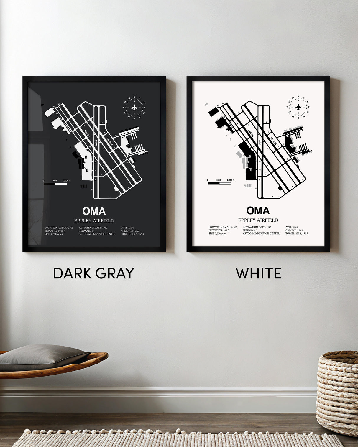 Framed Detailed Airport Map of Eppley Airfield (OMA) in White and Gray