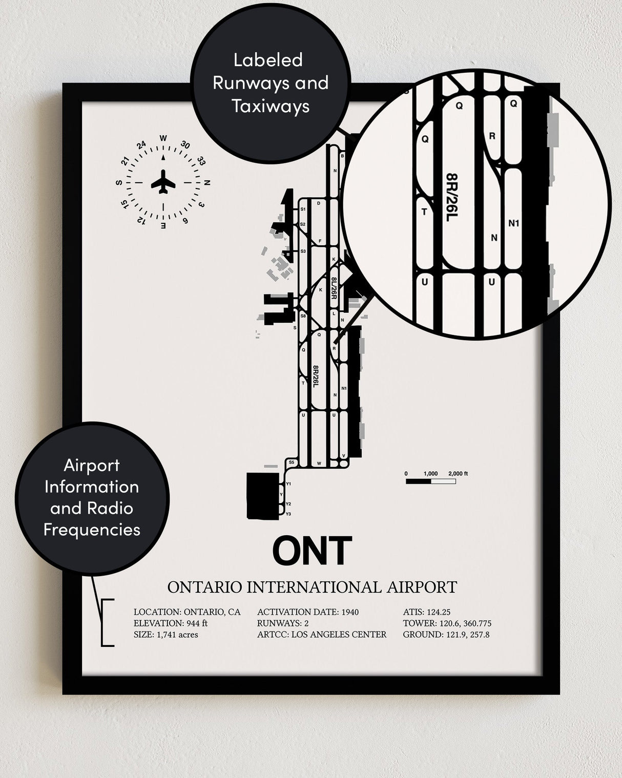 Framed Detailed Airport Map of Ontario International Airport (ONT) in White with a Black Frame