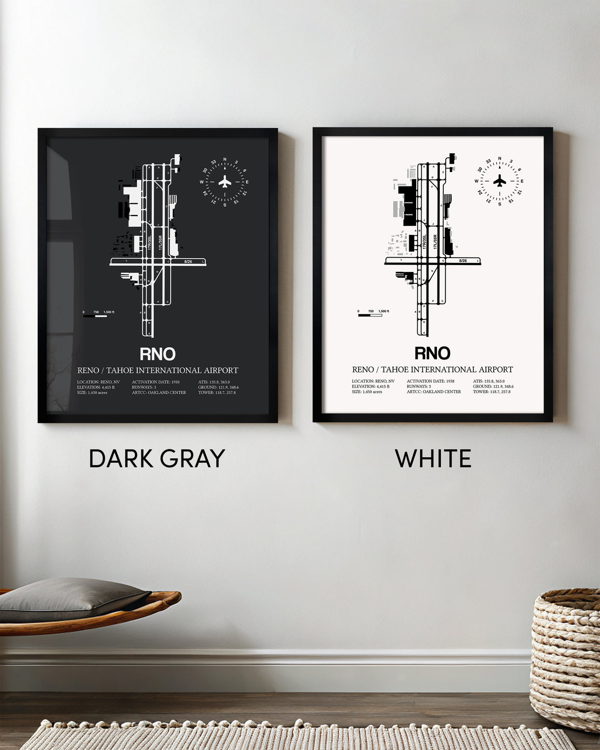 Framed Detailed Airport Map of Reno Tahoe International Airport (RNO) in White and Gray