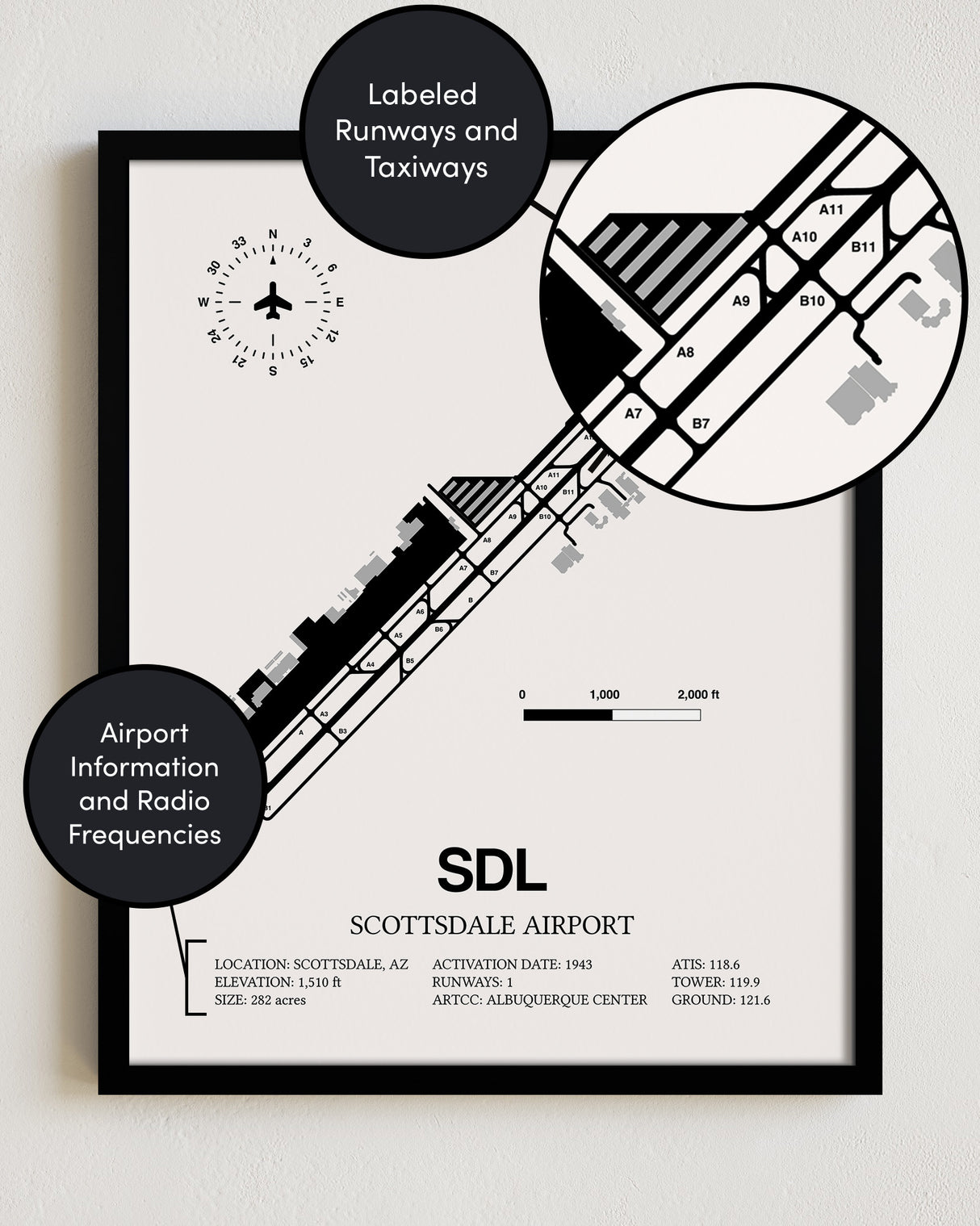 Framed Detailed Airport Map of Scottsdale Airport (SDL) in White with a Black Frame