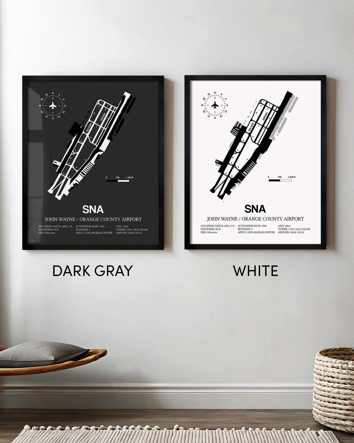 Framed Detailed Airport Map of John Wayne Orange County International Airport (SNA) in White and Gray