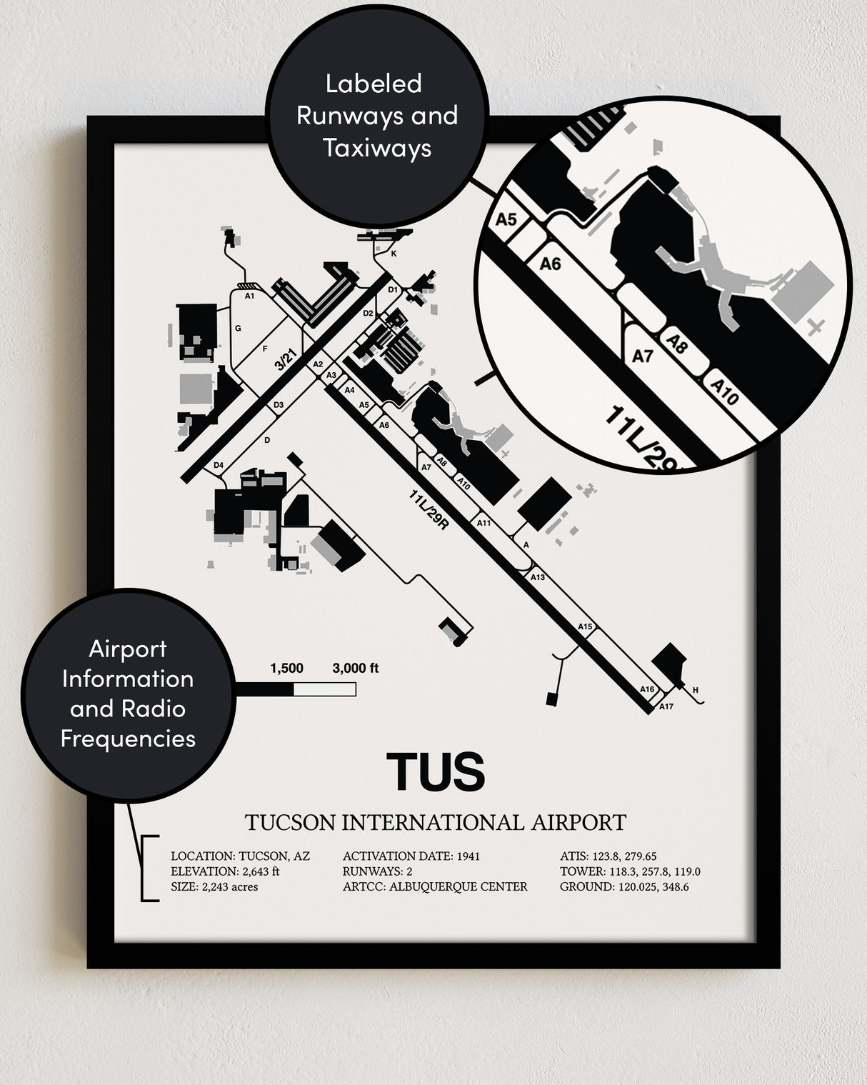 Framed Detailed Airport Map of Tucson International Airport (TUS) in White with a Black Frame