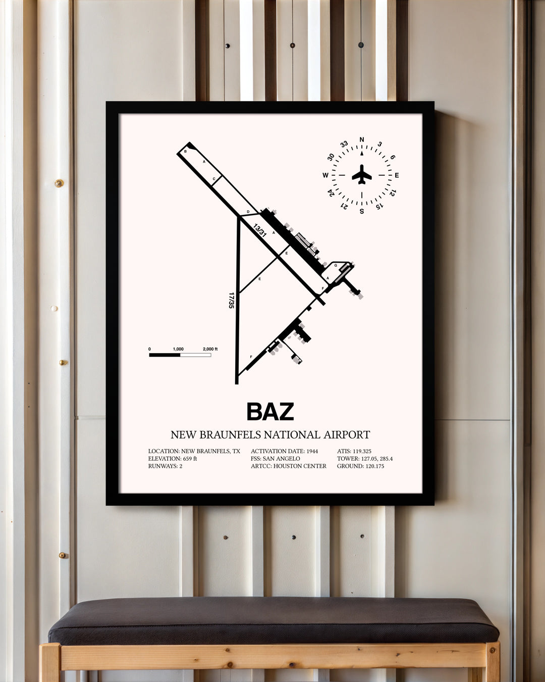 New Braunfels National Airport framed poster displayed in an airplane hangar