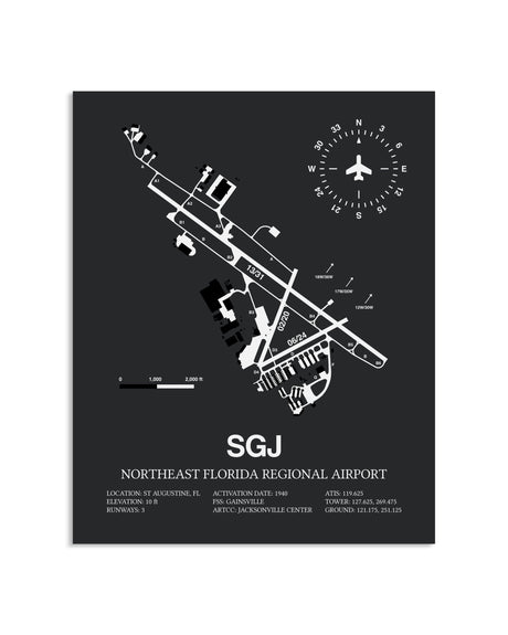 Gray Framed Northeast Florida Regional Airport layout wall art poster