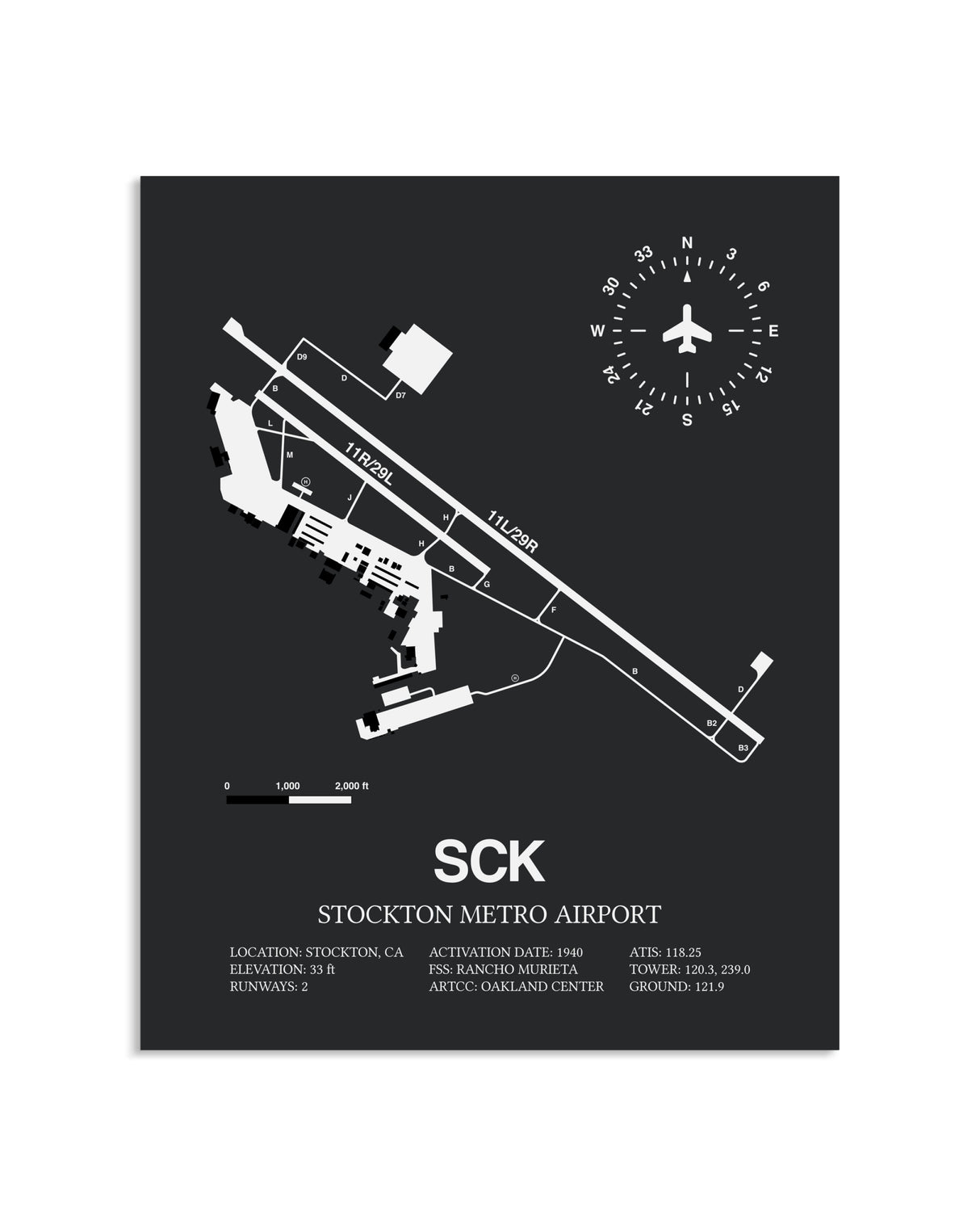 Gray Framed Stockton Metro Airport layout wall art poster