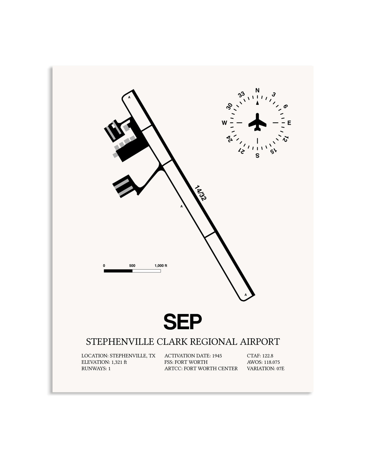 Gray Stephenville Clark Regional Airport framed poster displayed in an airplane hangar