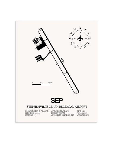 Gray Stephenville Clark Regional Airport framed poster displayed in an airplane hangar