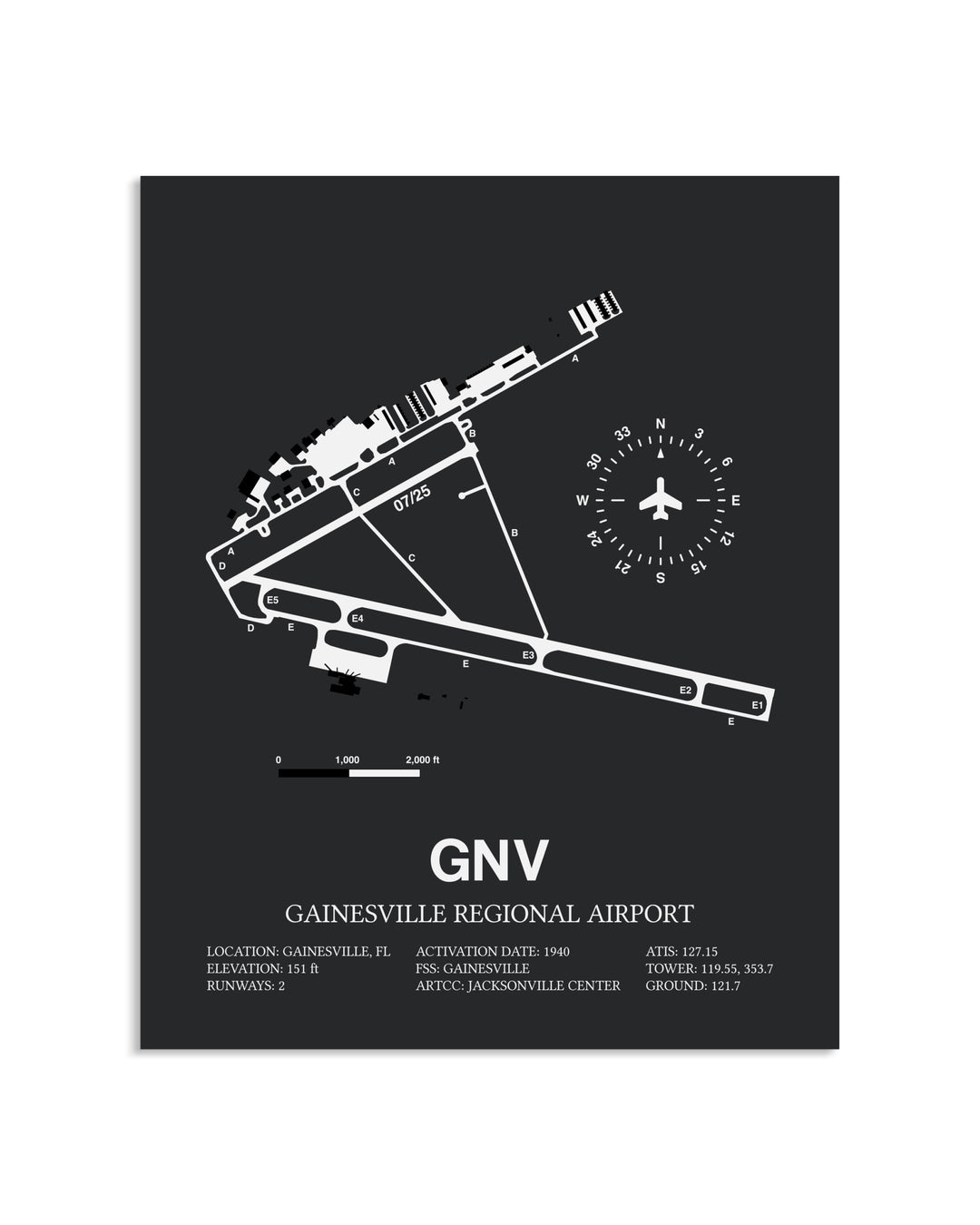Gray Framed Gainesville Regional Airport layout wall art poster