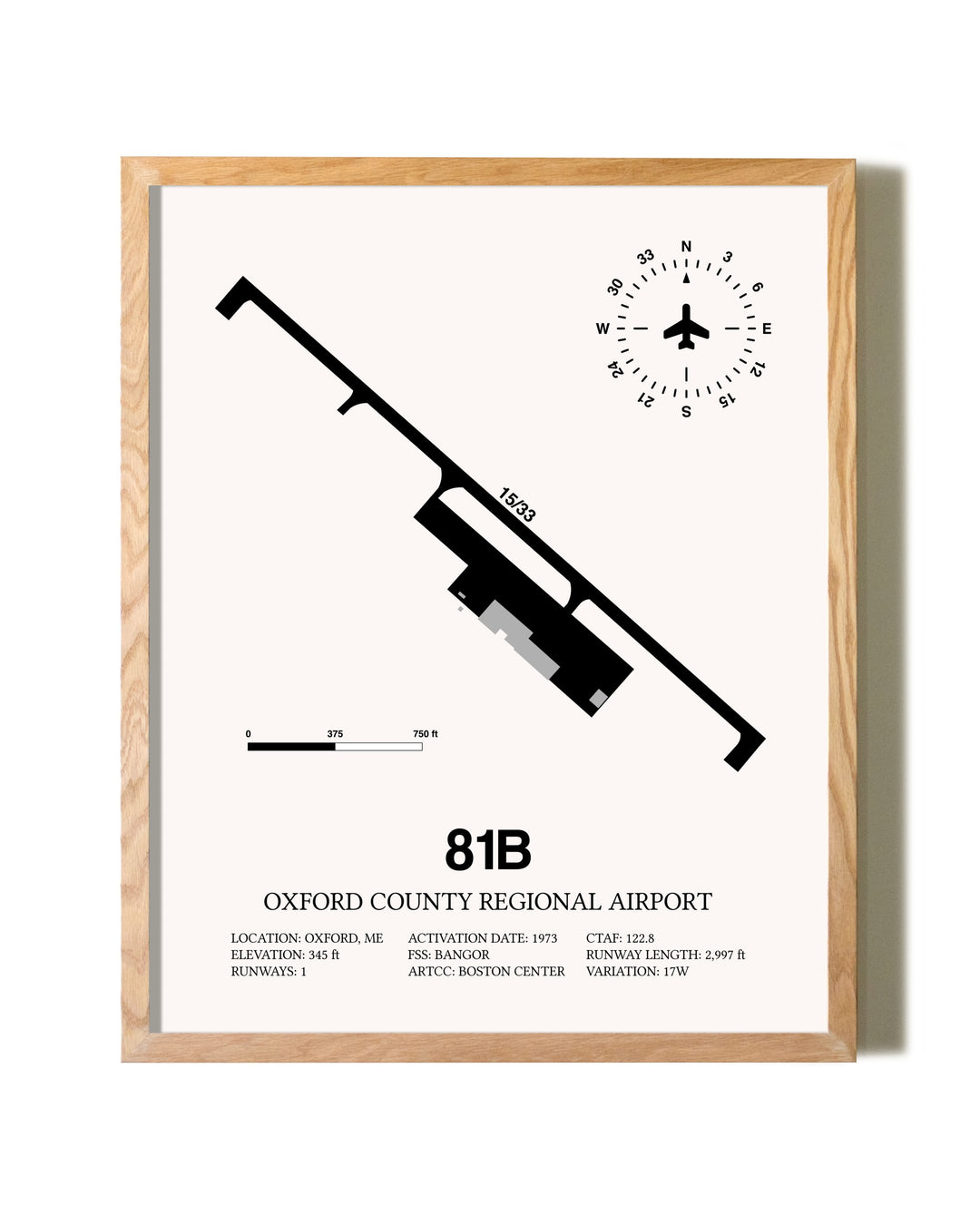 Oxford County Regional Airport framed print in natural wood frame