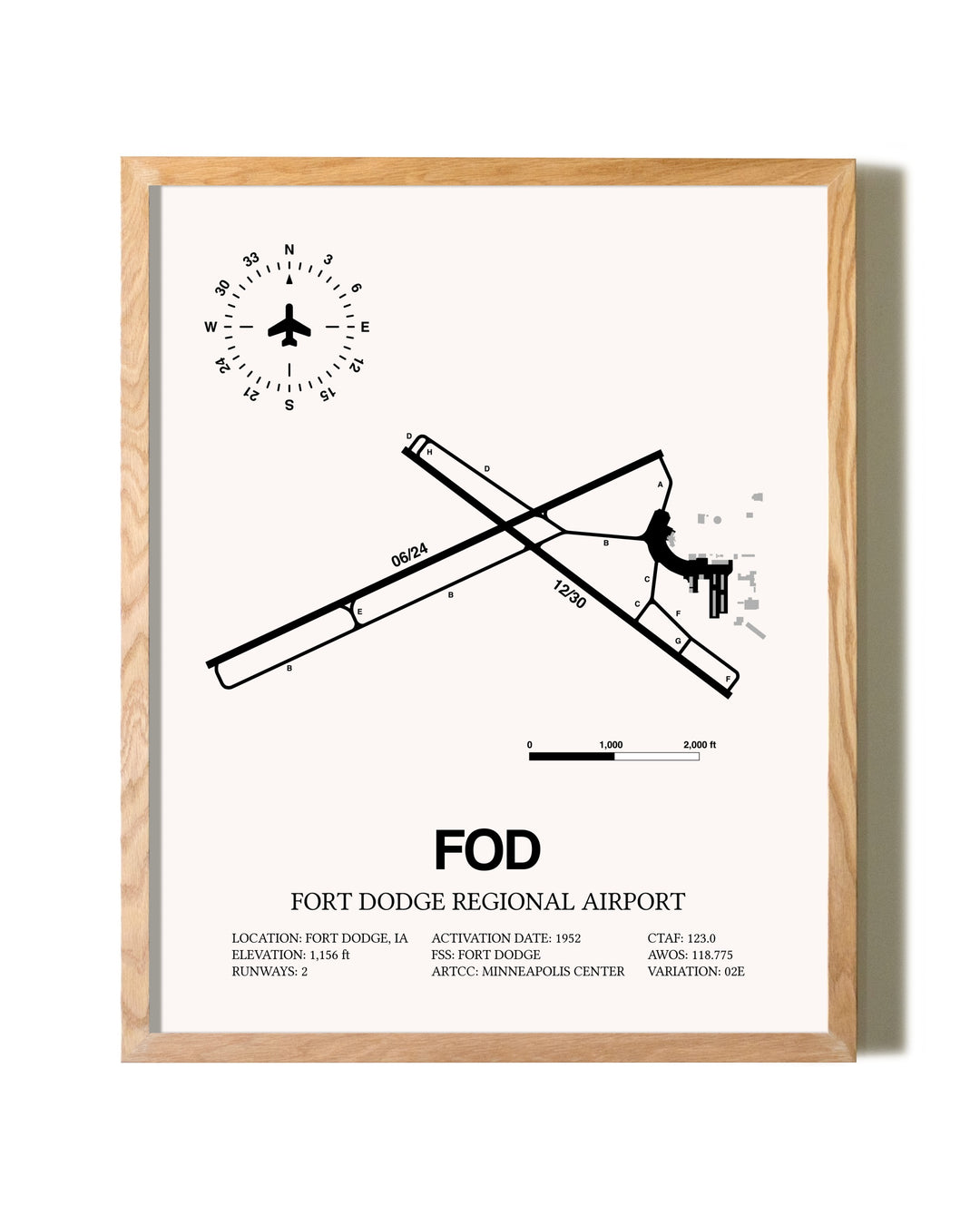 Fort Dodge Regional Airport framed print in natural wood frame