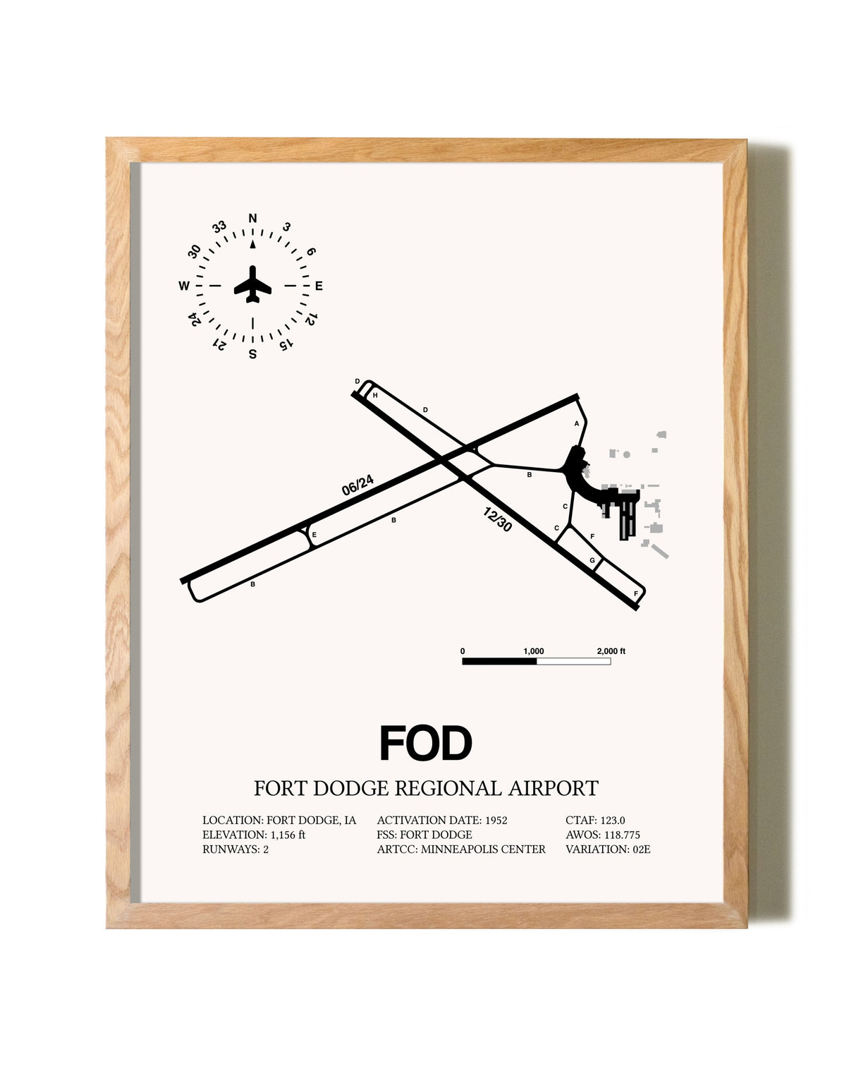 Fort Dodge Regional Airport framed print in natural wood frame