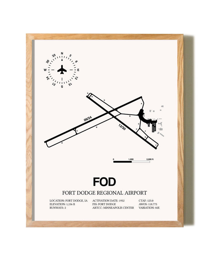 Fort Dodge Regional Airport framed print in natural wood frame