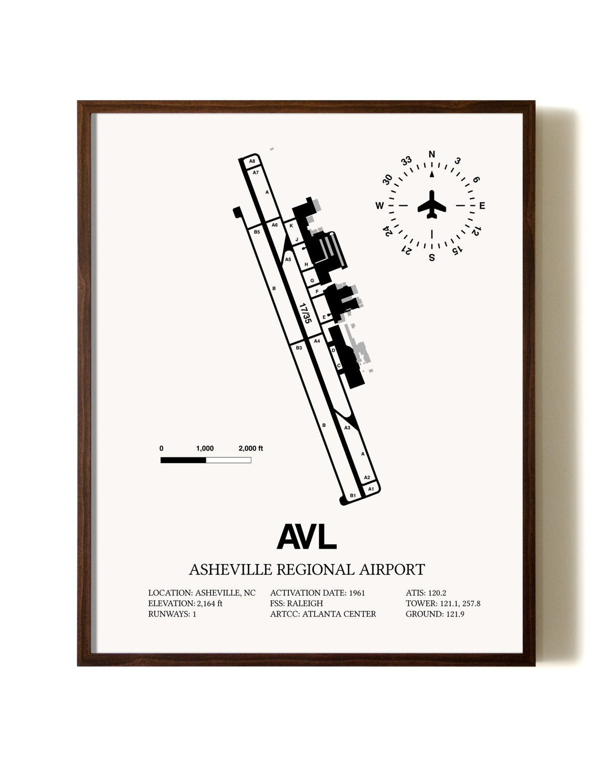 Asheville Regional Airport aviation print in walnut frame