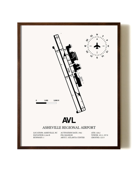 Asheville Regional Airport aviation print in walnut frame