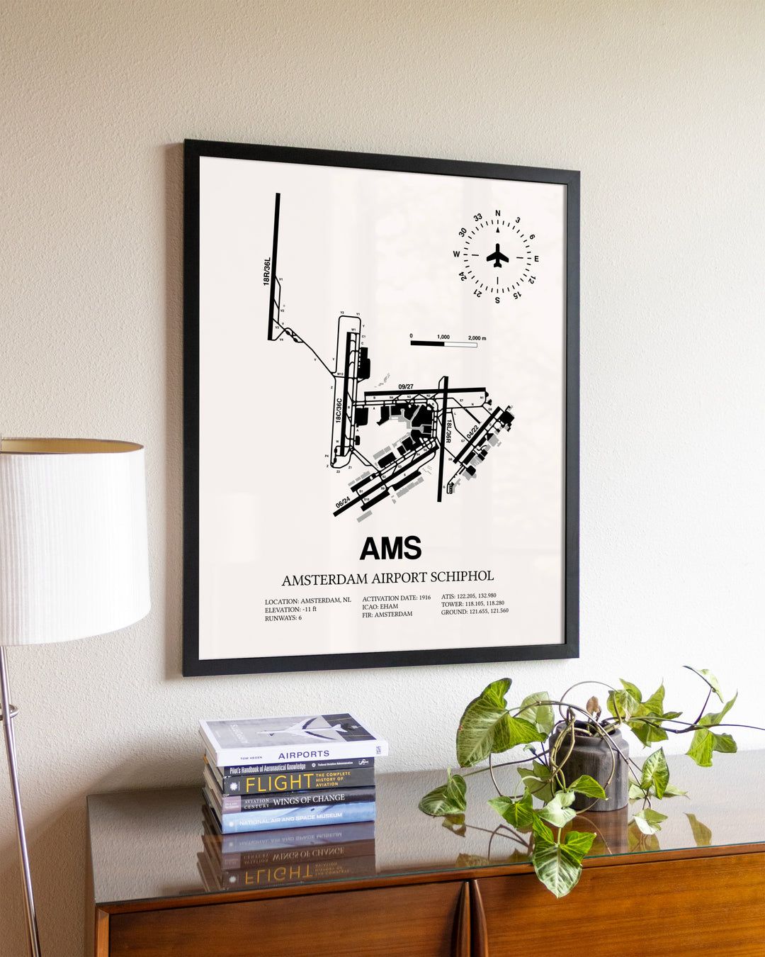 Amsterdam Airport Schiphol aviation wall décor in black wood frame