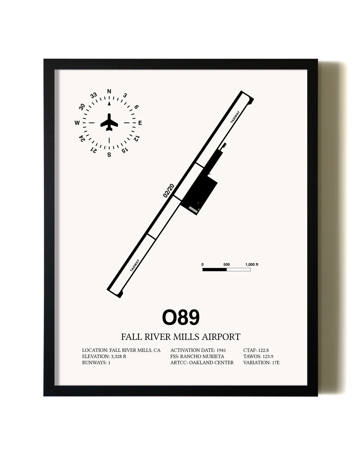 Framed Fall River Mills Airport wall art poster in black frame