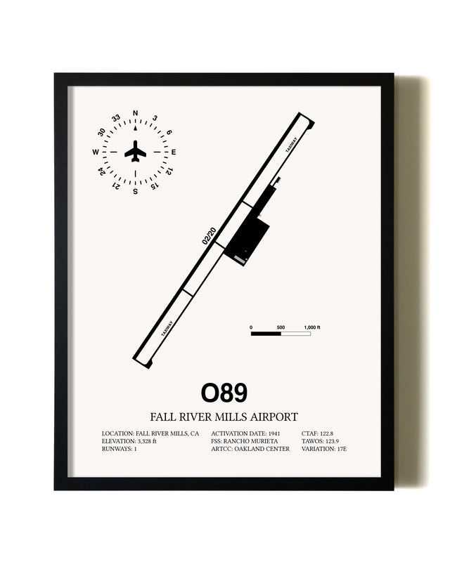 Framed Fall River Mills Airport wall art poster in black frame
