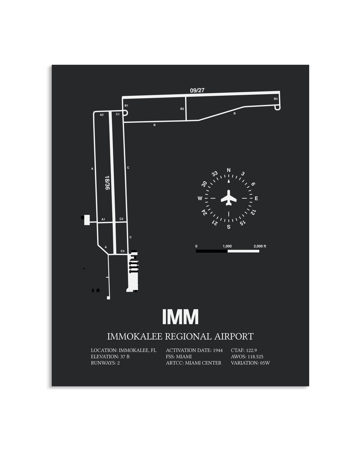 Gray Framed Immokalee Regional Airport layout wall art poster