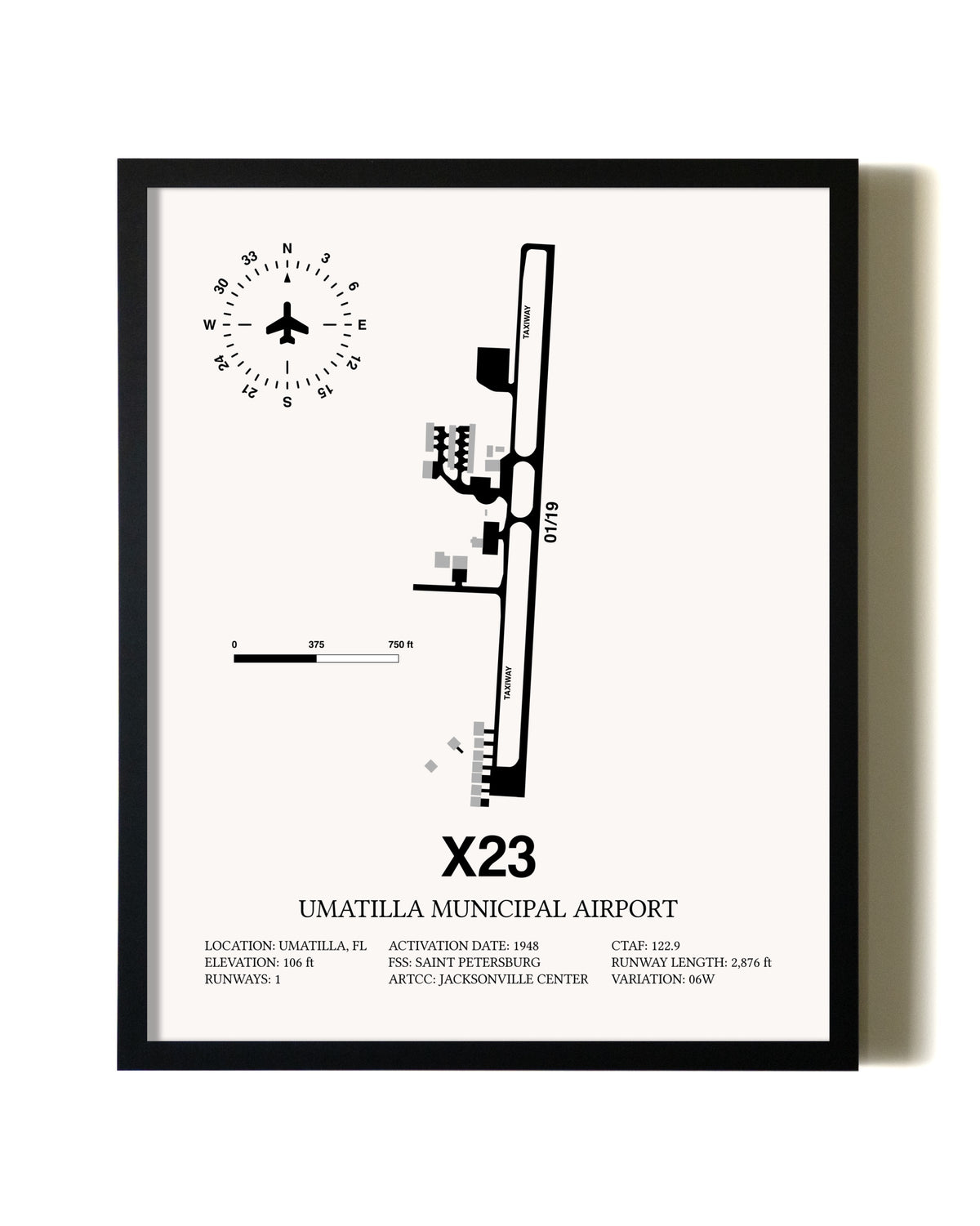 Framed Umatilla Municipal Airport wall art poster in black frame