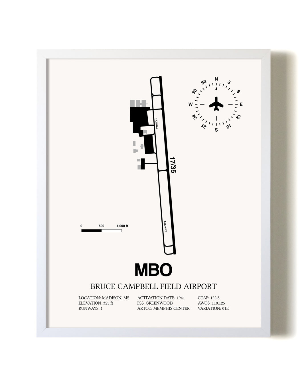 Bruce Campbell Field airport map poster in oak frame