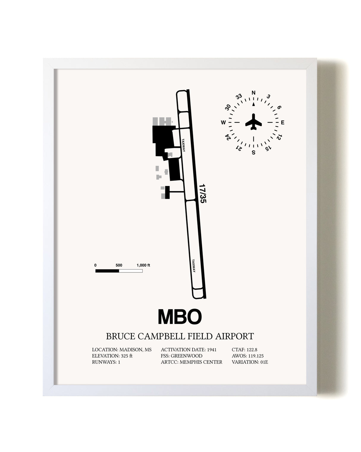 Bruce Campbell Field airport map poster in oak frame