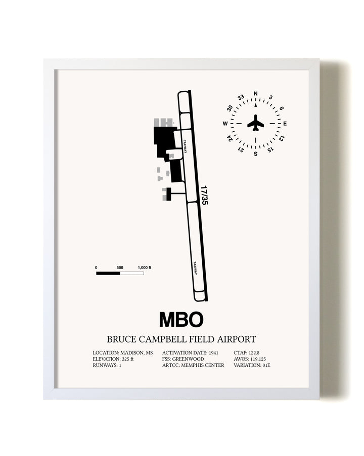 Bruce Campbell Field airport map poster in oak frame