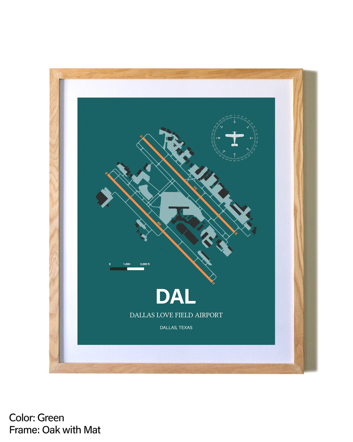Dallas Love Field Airport airport map poster in oak frame with mat