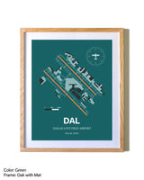 Dallas Love Field Airport airport map poster in oak frame with mat