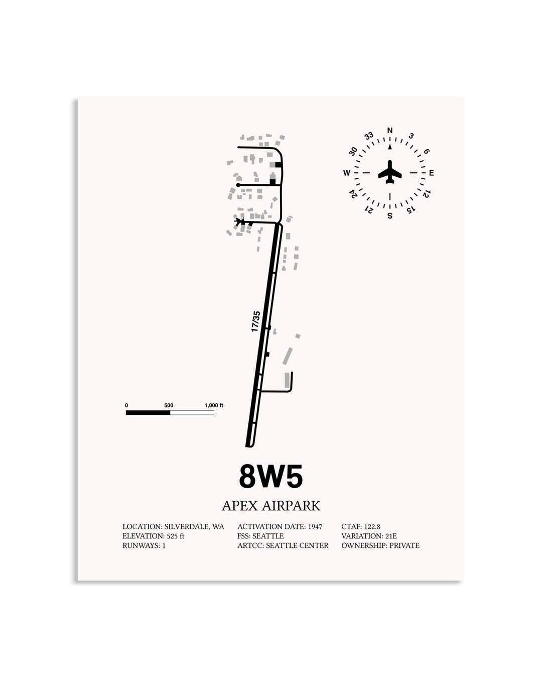 Gray Apex Airpark framed poster displayed in an airplane hangar