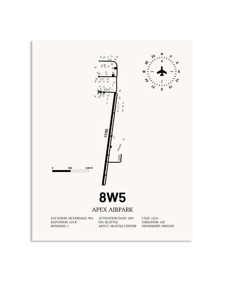 Gray Apex Airpark framed poster displayed in an airplane hangar
