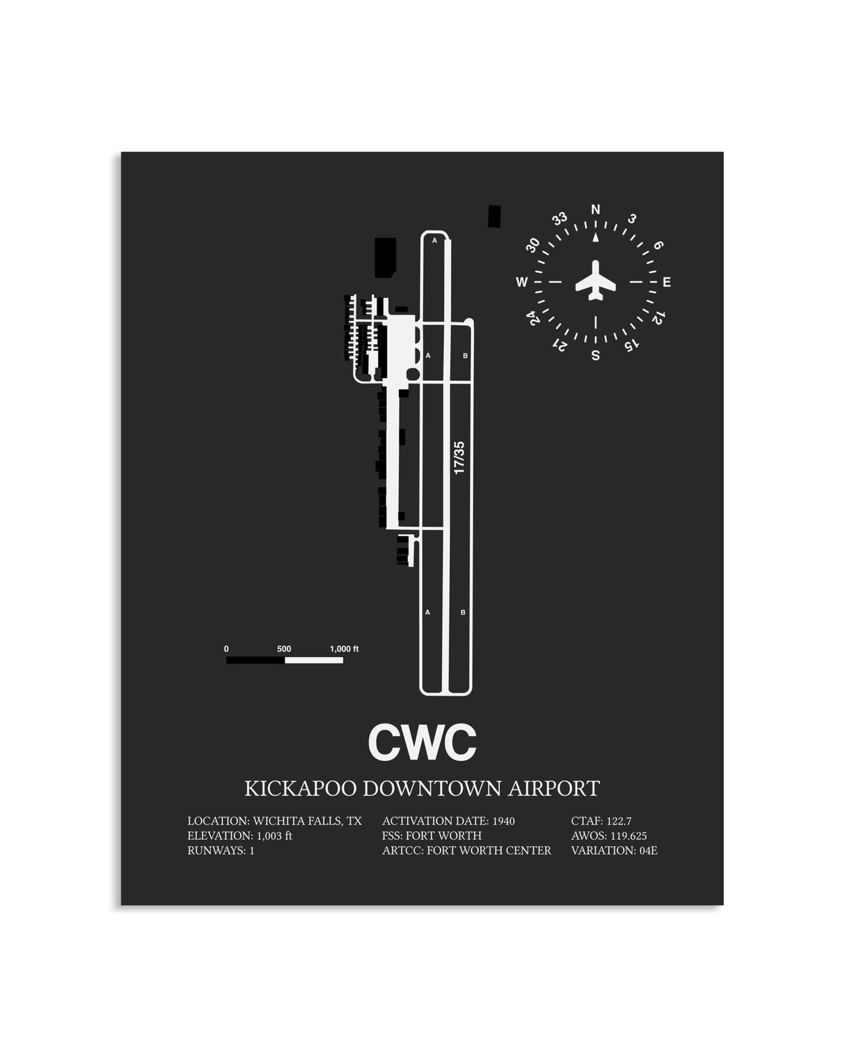 Gray Framed Kickapoo Downtown Airport layout wall art poster