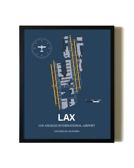 Blue and Yellow Framed Los Angeles International Airport wall art poster in black frame