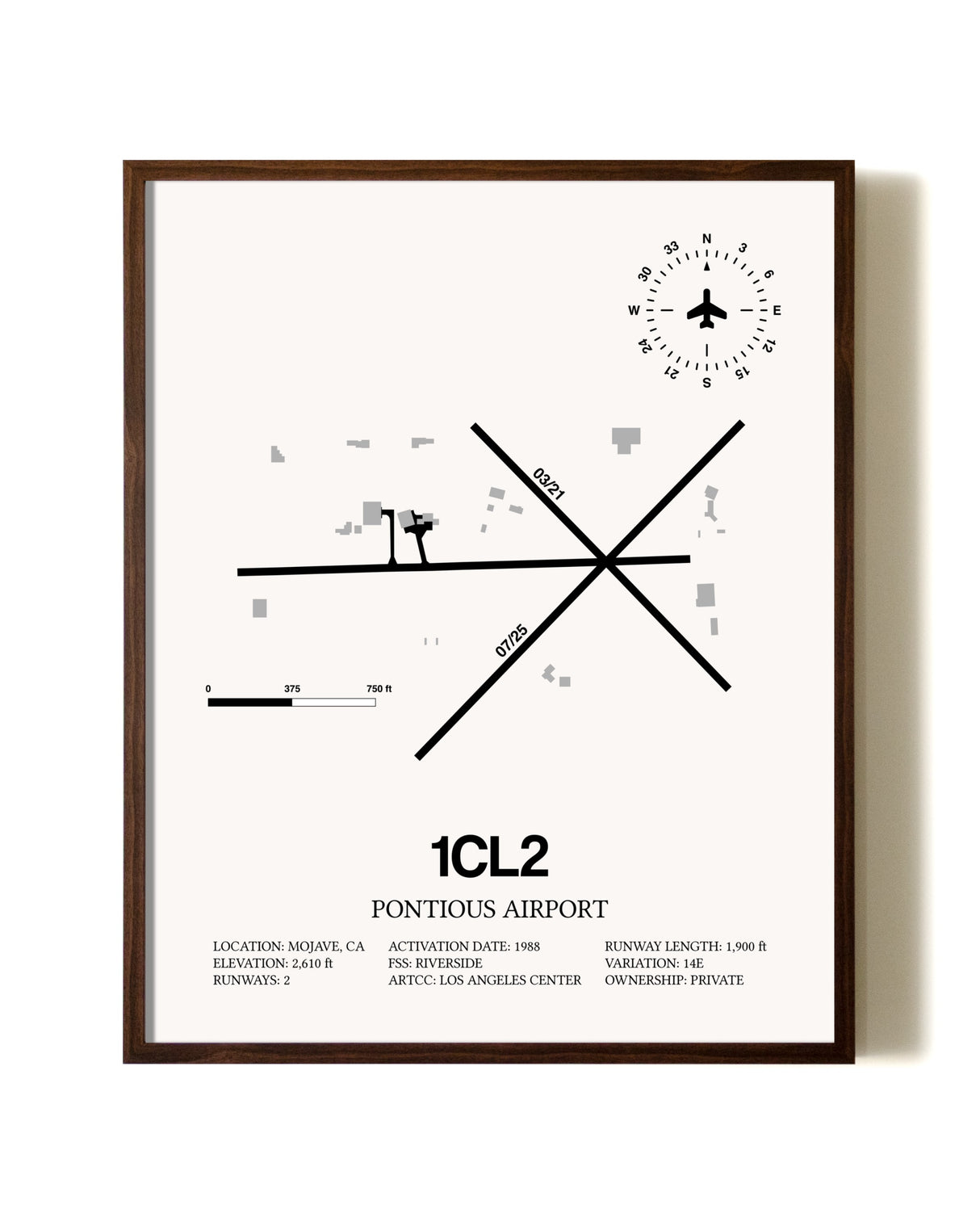 Ancient Valley / Pontious Airport aviation print in walnut frame