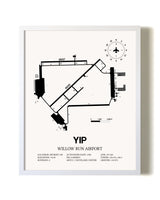 Willow Run Airport airport map poster in oak frame
