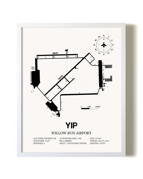 Willow Run Airport airport map poster in oak frame
