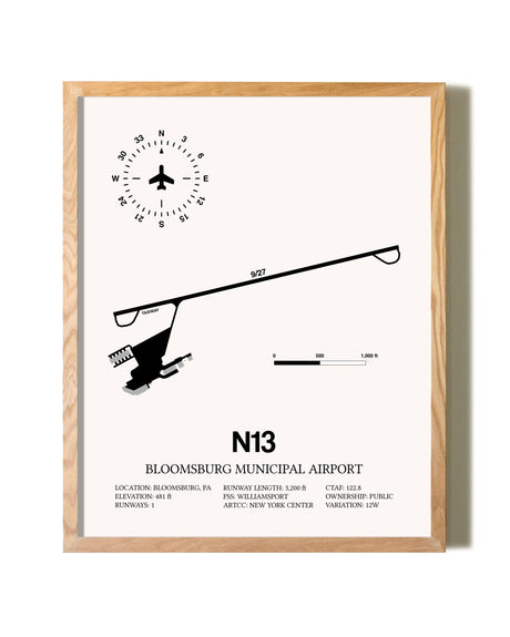Bloomsburg Municipal Airport framed print in natural wood frame