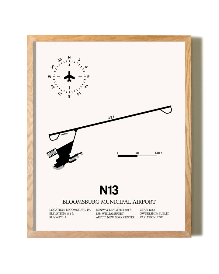 Bloomsburg Municipal Airport framed print in natural wood frame