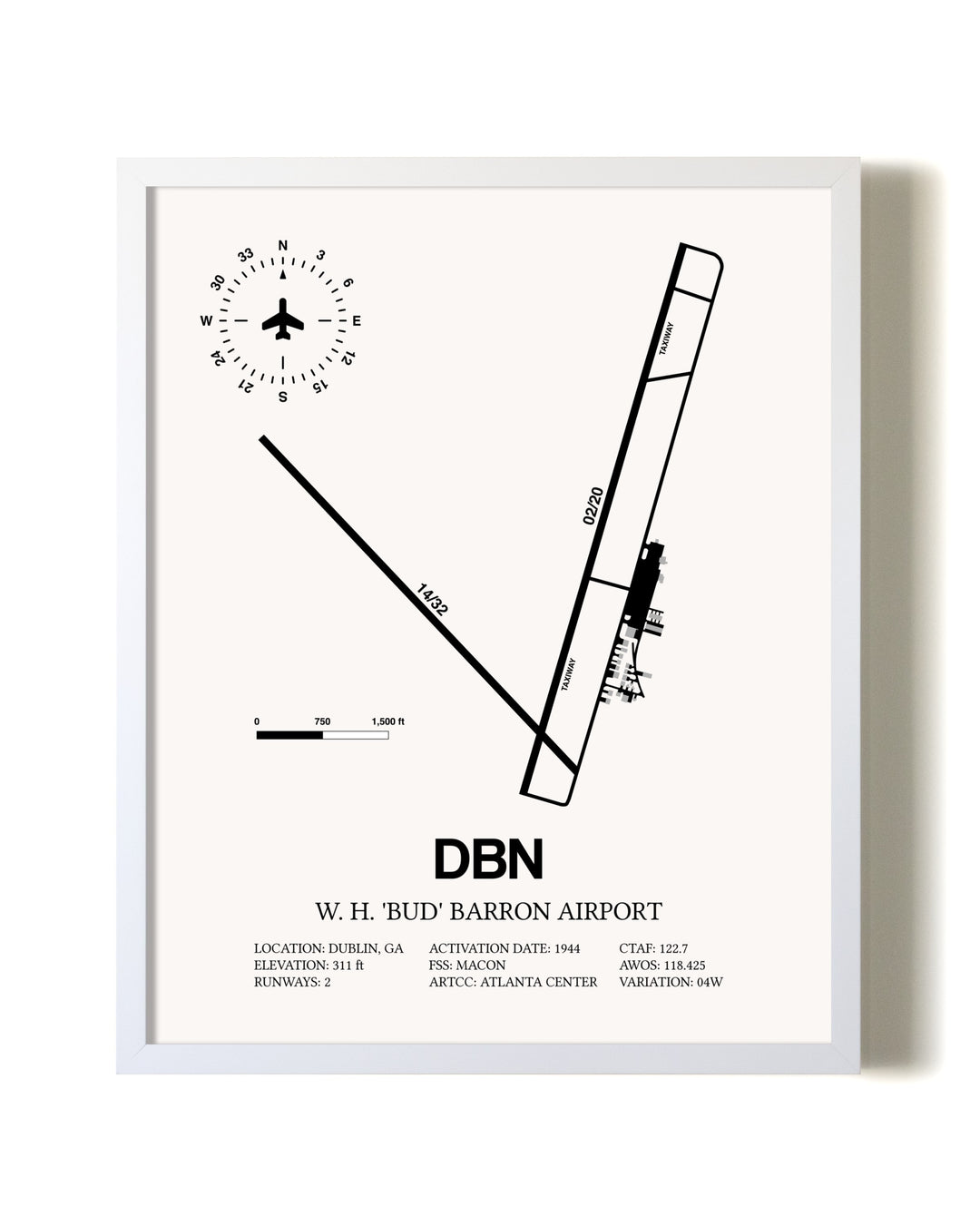W H 'Bud' Barron Airport airport map poster in oak frame