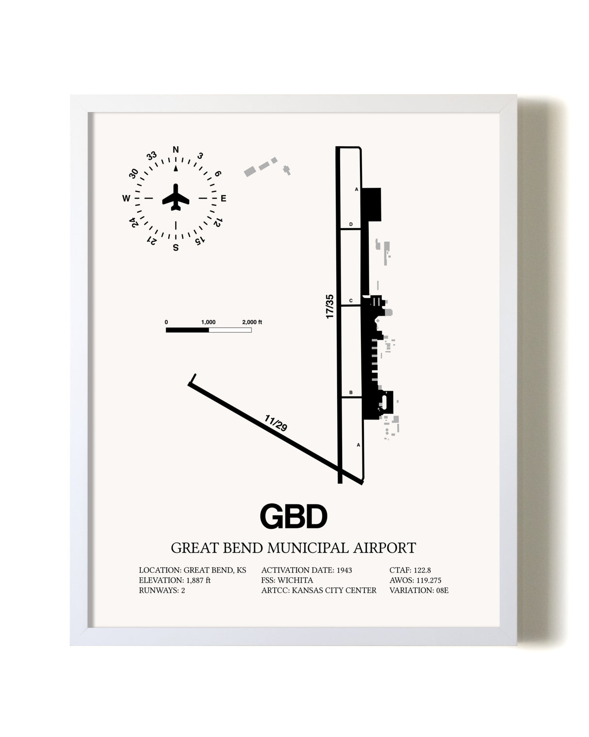Great Bend Municipal Airport airport map poster in oak frame