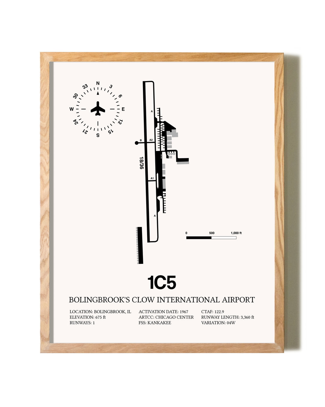 Bolingbrook's Clow International Airport framed print in natural wood frame