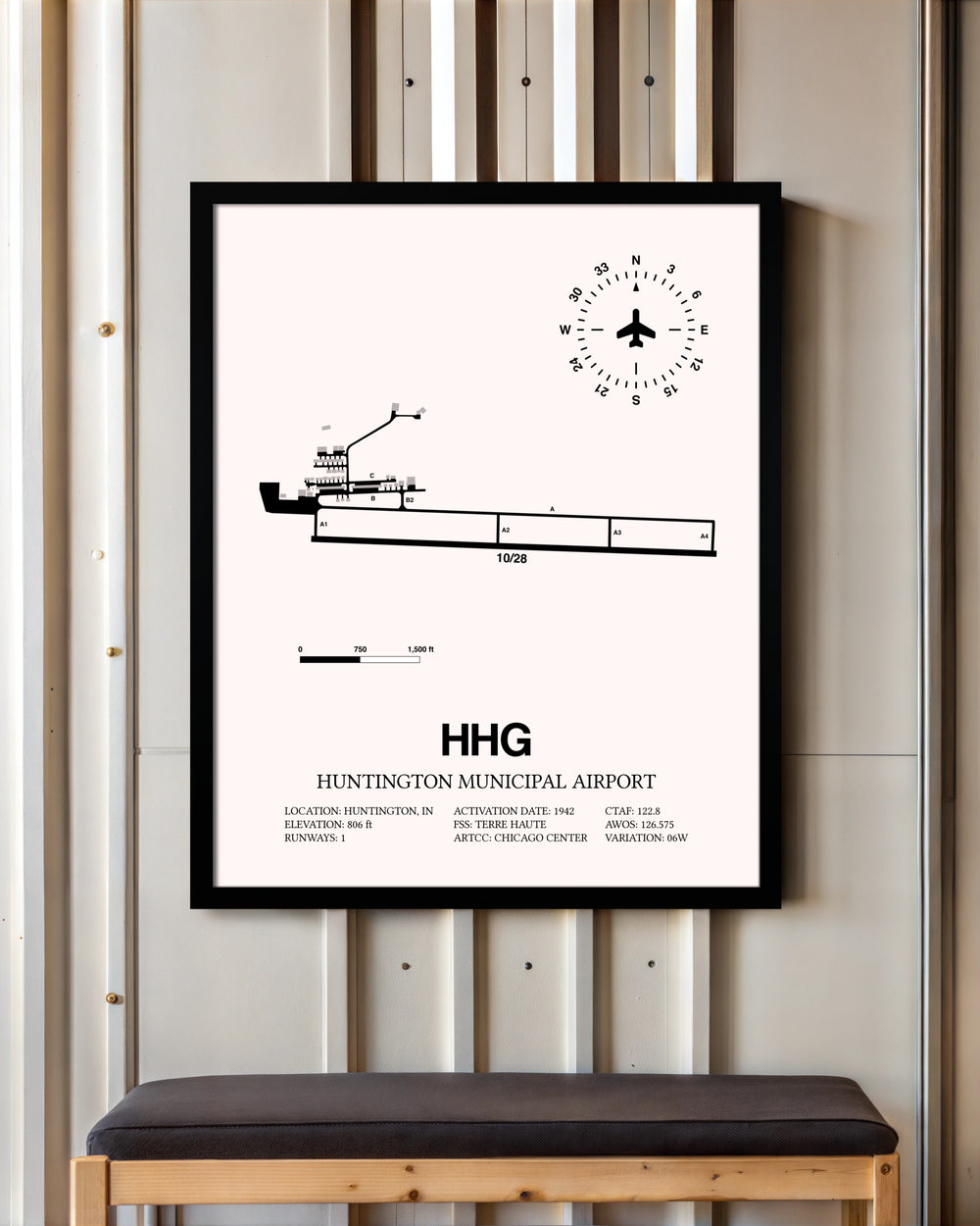 Huntington Municipal Airport framed poster displayed in an airplane hangar
