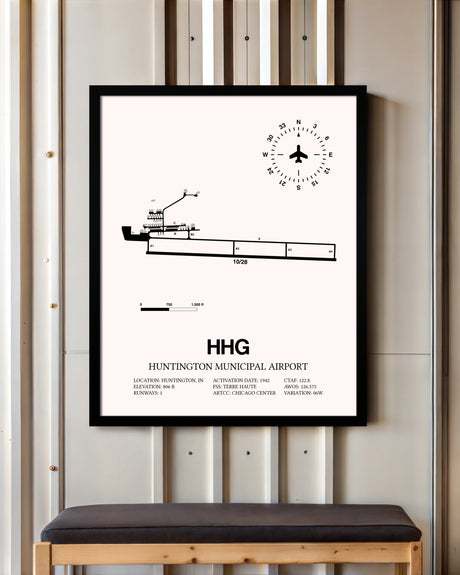 Huntington Municipal Airport framed poster displayed in an airplane hangar