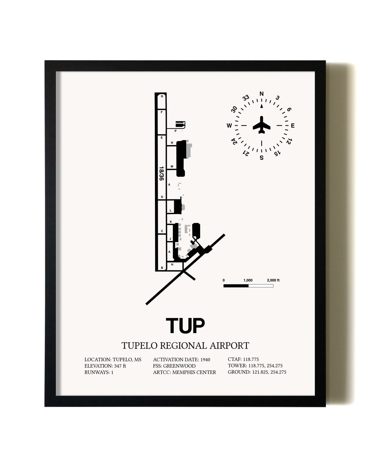 Framed Tupelo Regional Airport wall art poster in black frame
